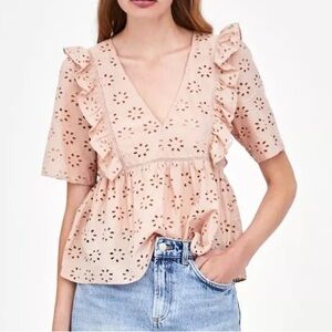 Zara Blush Pink Eyelet Summer Blouse Size Small